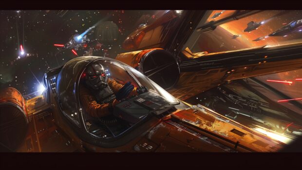 Free download Star Wars Space wallpaper with a close up view of an X Wing cockpit, with the pilot preparing for battle and the stars and enemy ships visible through the window.