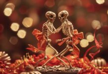 Funny Halloween Wallpaper of skeletons dancing with festive ribbons and bows.