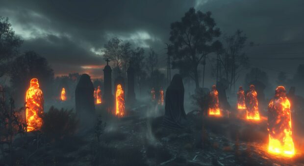 Ghostly Halloween apparitions floating through a misty cemetery.