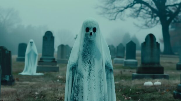 Ghostly Halloween apparitions floating through a misty cemetery, 4K Background.