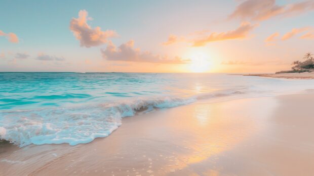 Golden beach with vibrant sky and gentle waves, Pink Sunset Wallpaper 8K.