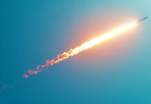 HD desktop wallpaper with a SpaceX Falcon 9 rocket launching into the sky with a trail of flames and smoke, set against a clear blue sky and the vastness of space.