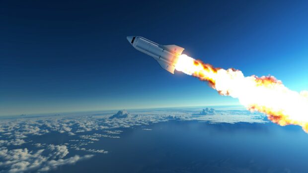 HD wallpaper with a SpaceX Falcon 9 rocket launching into the sky with a trail of flames and smoke.
