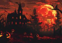 Haunted Halloween scene with a spooky mansion, glowing jack-o'-lanterns, dark trees, and a large fiery moon in a chilling red sky.