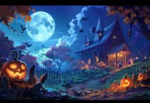Halloween HD Desktop Wallpaper, pumpkins , witches , full moon, house.