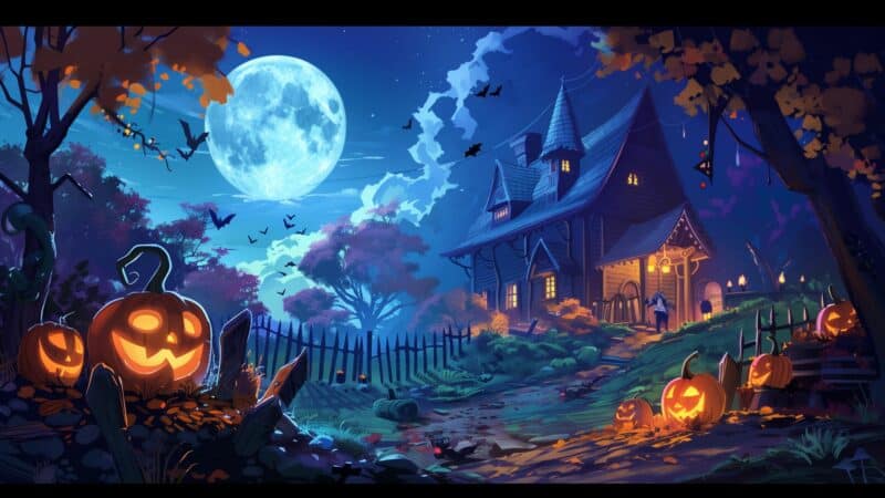 Pumpkin-shaped lanterns glow in a spooky Halloween night scene with a haunted house, full moon, and flying bats. Perfect wallpaper for a festive, eerie atmosphere.
