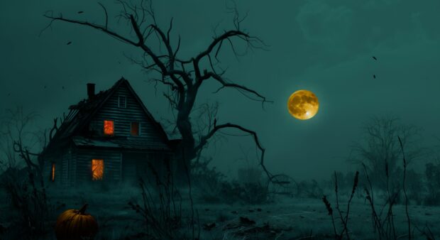 Halloween HD Wallpaper with pumpkins , witches , full moon, house.