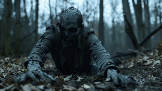 Halloween zombie rising from the ground in a dark forest.