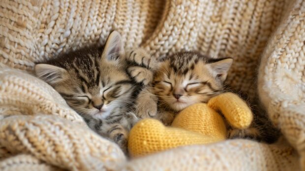 Kitten cuddling with a stuffed animal, Lovely Cat 4K Wallpaper.