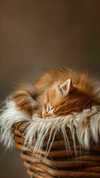 Kitten curled up in a basket.