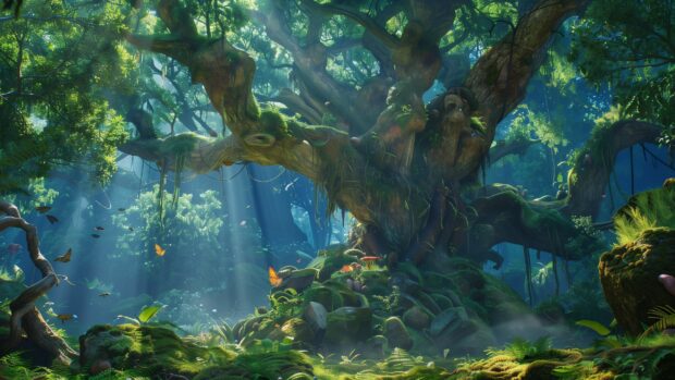MTG Desktop Wallpaper HD with a mystical forest scene with towering ancient trees and magical creatures.