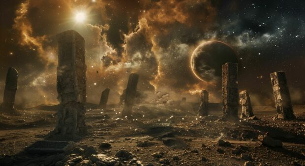 MTG Desktop Wallpaper with a celestial battlefield with celestial beings clashing amidst celestial ruins.