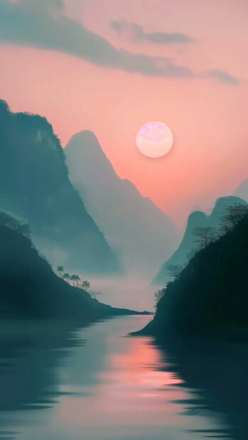 Majestic mountain range at sunset, deep colors, serene valleys, and tranquil atmosphere, Android Wallpapers HD.