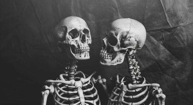 Modern Halloween skeleton figures in monochrome against a textured background.
