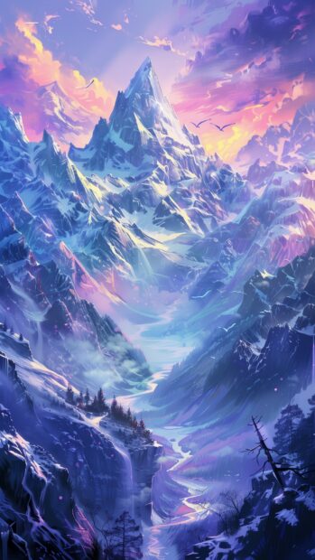 Nature Wallpaper for iPhone with aesthetic mountain range at sunset, deep colors, serene valleys, and tranquil atmosphere.