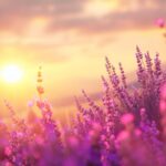 Nature photo HD with Lavender field under a golden sunset, vibrant purple flowers, tranquil scene.