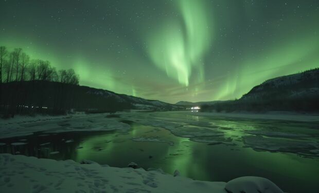 Northern Lights Desktop Wallpaper with snowy hills and a clear night sky.