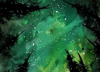 Northern Lights Wallpaper with silhouettes of tall pine trees.