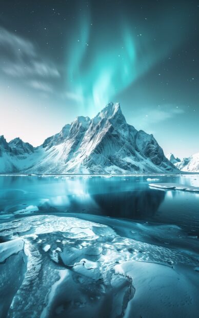 Northern Lights above a rugged mountain range, iPhone Wallpaper.