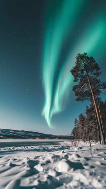 Northern Lights over a serene snowy landscape, wallpaper for iPhone.