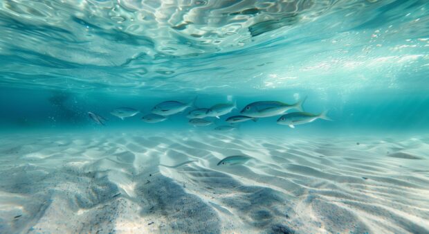Ocean fish swimming in crystal clear waters above a sandy.