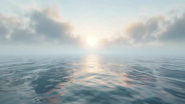 Ocean wallpaper with a misty morning over a calm ocean with soft light filtering through the fog.