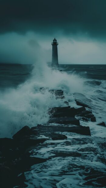 Ocean waves background iPhone with a rocky shore with crashing waves and a lighthouse in the distance.