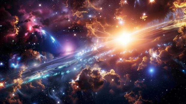 Outer Space 4K background with A detailed image of a quasar with its bright jets of energy and the galaxy surrounding it.