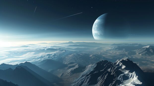 Outer Space 4K background with A panoramic view of an alien moon orbiting a gas giant, with rings and a distant star field in the background.
