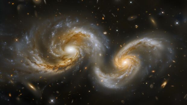 Outer Space HD background with a cosmic collision between two galaxies, with stars and gas clouds interacting in a dynamic scene.