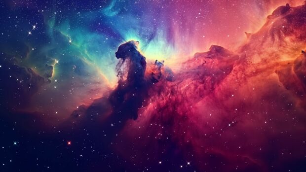 Outer Space background for PC with an artistic rendering of the Horsehead Nebula with its iconic shape and rich colors set against the darkness of space.