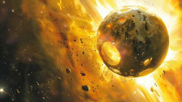 Outer Space background for desktop with an artistic depiction of a Dyson sphere surrounding a star, harnessing its energy in the vastness of space.