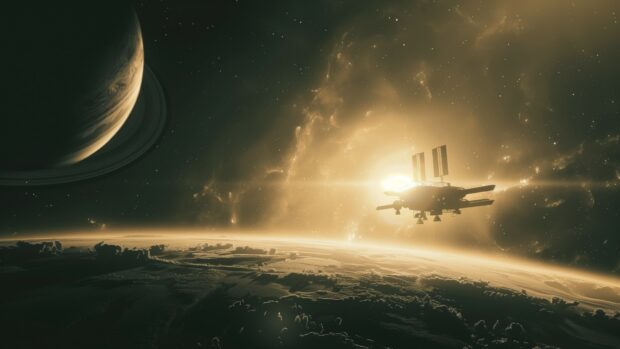 Outer Space background with a serene image of a space station orbiting a ringed planet with a distant nebula in the background.