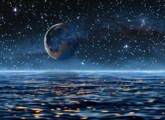 Outer space HD wallpaper with a serene depiction of a crescent moon above an alien ocean, with stars reflecting on the water's surface.