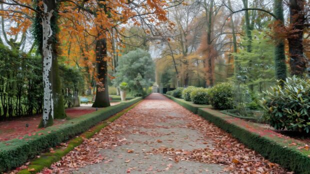 Pathway covered with fallen autumn leaves in a serene park.