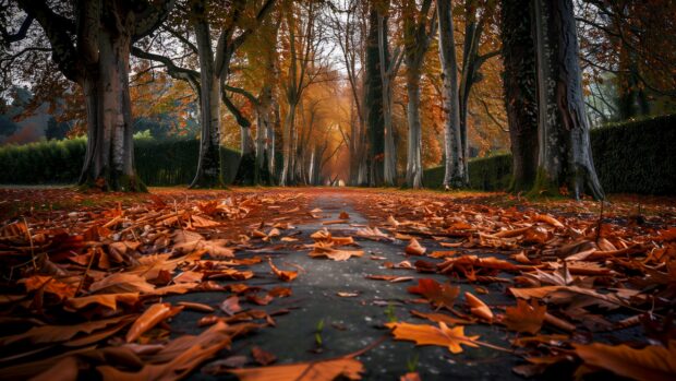 Pathway covered with fallen autumn leaves in a serene park, 2K wallpaper.