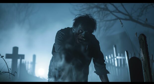 Petrifying Halloween zombie emerging from a mist covered graveyard.