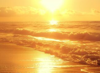 Quiet beach with smooth rocks and gentle waves, Sunset Desktop Wallpaper HD.