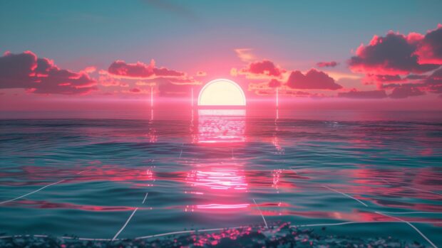 Retro wave aesthetic with neon grids and a cool sunset horizon laptop wallpaper.
