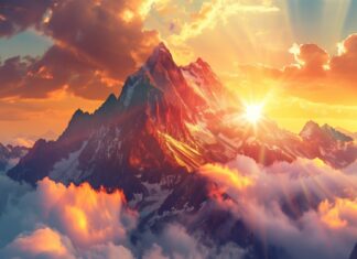 Rocky mountain peak with dramatic clouds, sun breaking through, majestic view, Nature HD desktop Wallpaper .