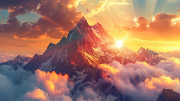 Rocky mountain peak with dramatic clouds, sun breaking through, majestic view, Nature HD desktop Wallpaper .