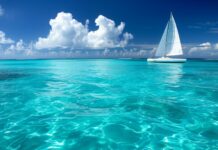 Sailboat on clear turquoise ocean under blue sky with white clouds.