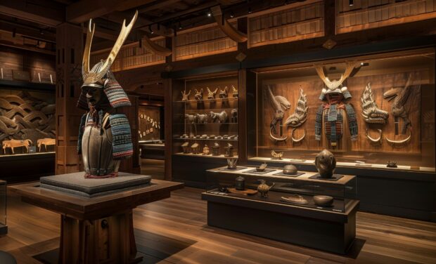 Samurai armor displayed in a museum setting, illuminated by soft lighting to highlight its historical significance.