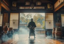 Samurai practicing martial arts in a traditional dojo with wooden training dummies, 4K Desktop Wallpaper.