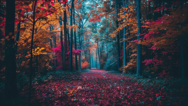 Scenic view of an autumn forest with vibrant red, orange, and yellow leaves.
