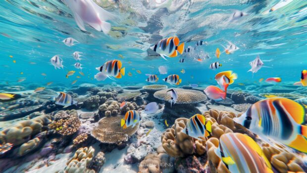 Schools of fish swimming in an underwater ocean background.