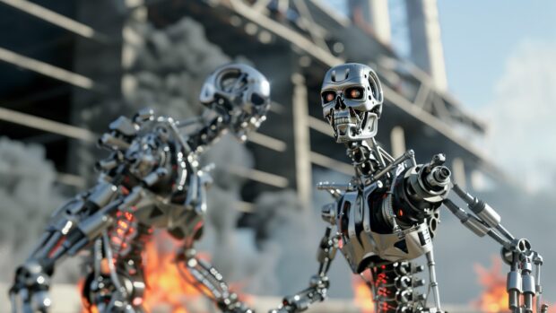 Sci Fi 4K Wallpaper with a robot uprising with machines rebelling against humans.
