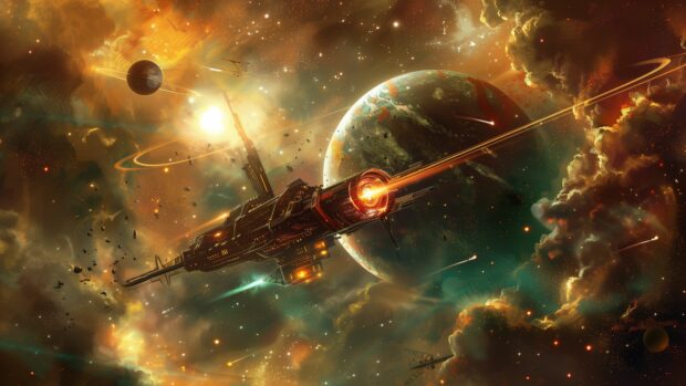 Sci Fi 4K Wallpaper with a space station orbiting a gas giant with colorful rings.