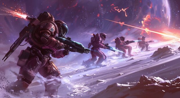 Sci fi Backgrounds with a group of explorers in futuristic suits on a mission on a distant planet.