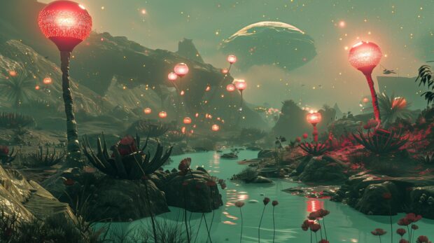 Sci fi Backgrounds with a serene alien landscape with bioluminescent plants and crystal clear lakes.
